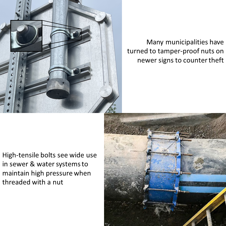 Common applications for nuts and bolts found in highway signage and sewer systems